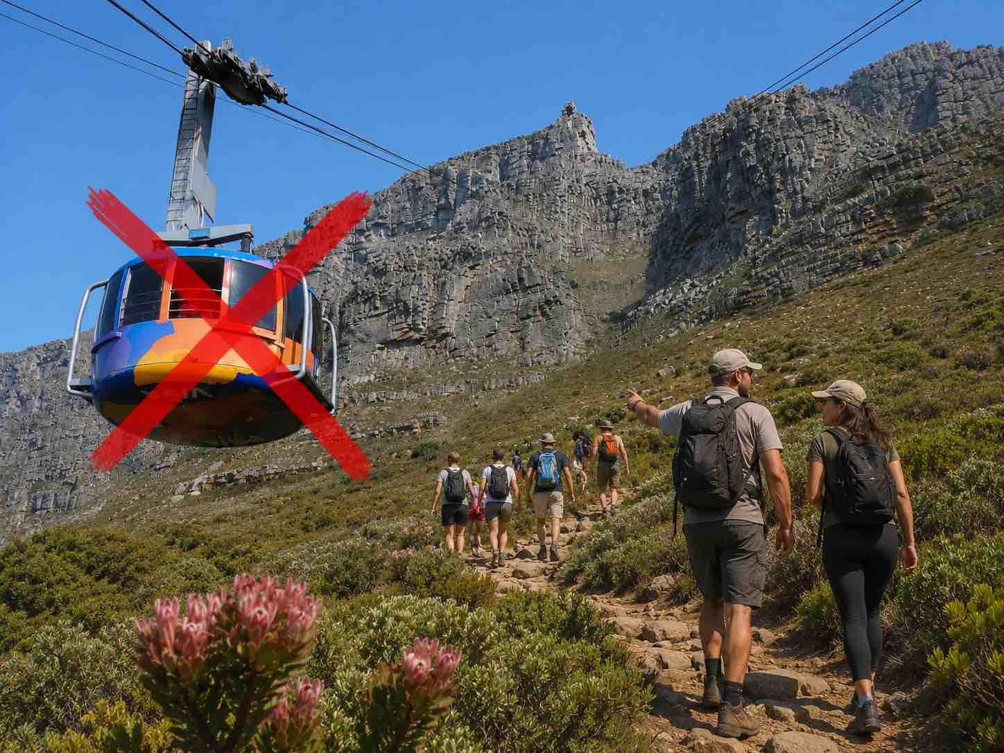 Hikers on a mountain trail under a cable car; one gondola is marked with a large red X.