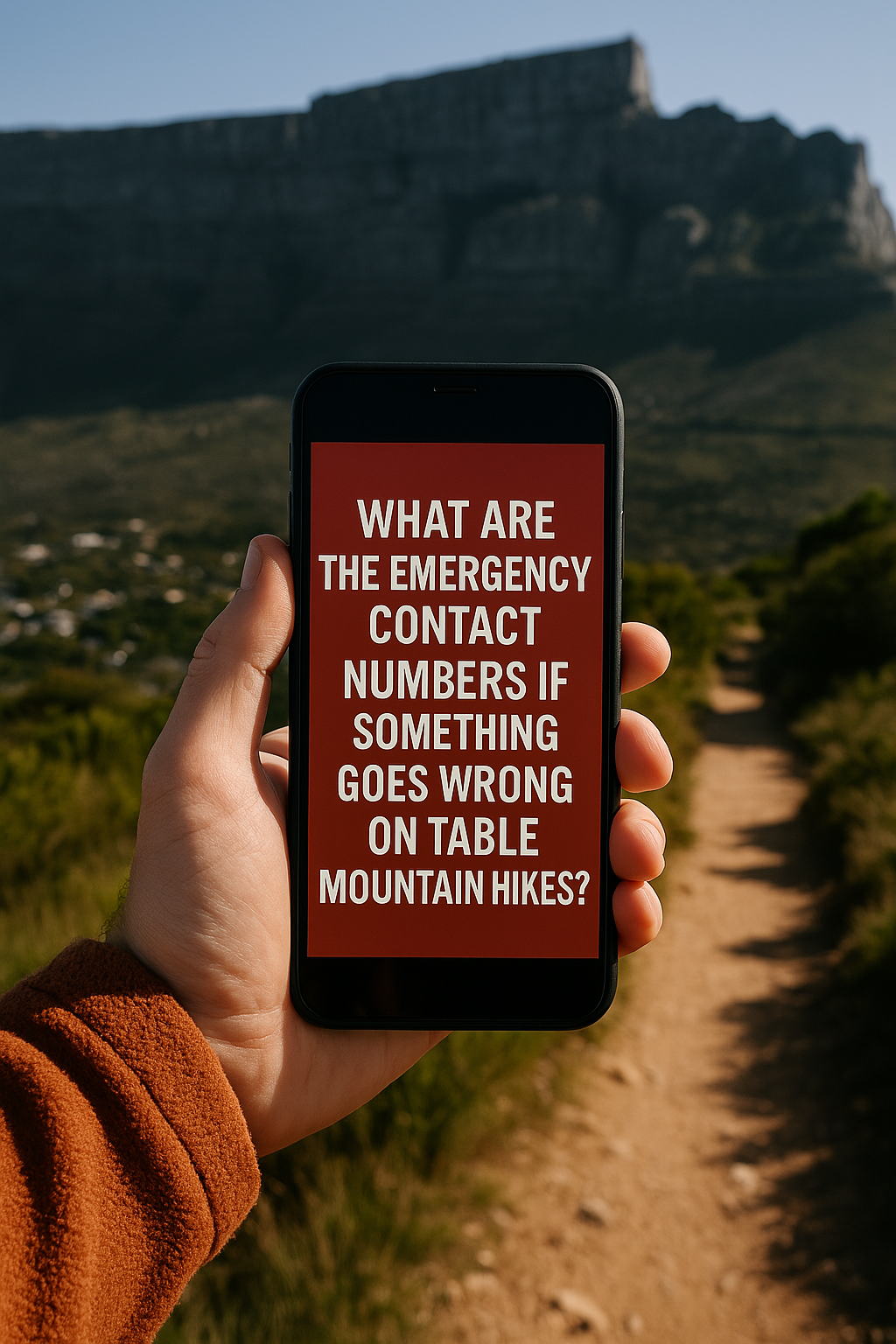 A person is holding a cell phone in front of a mountain.