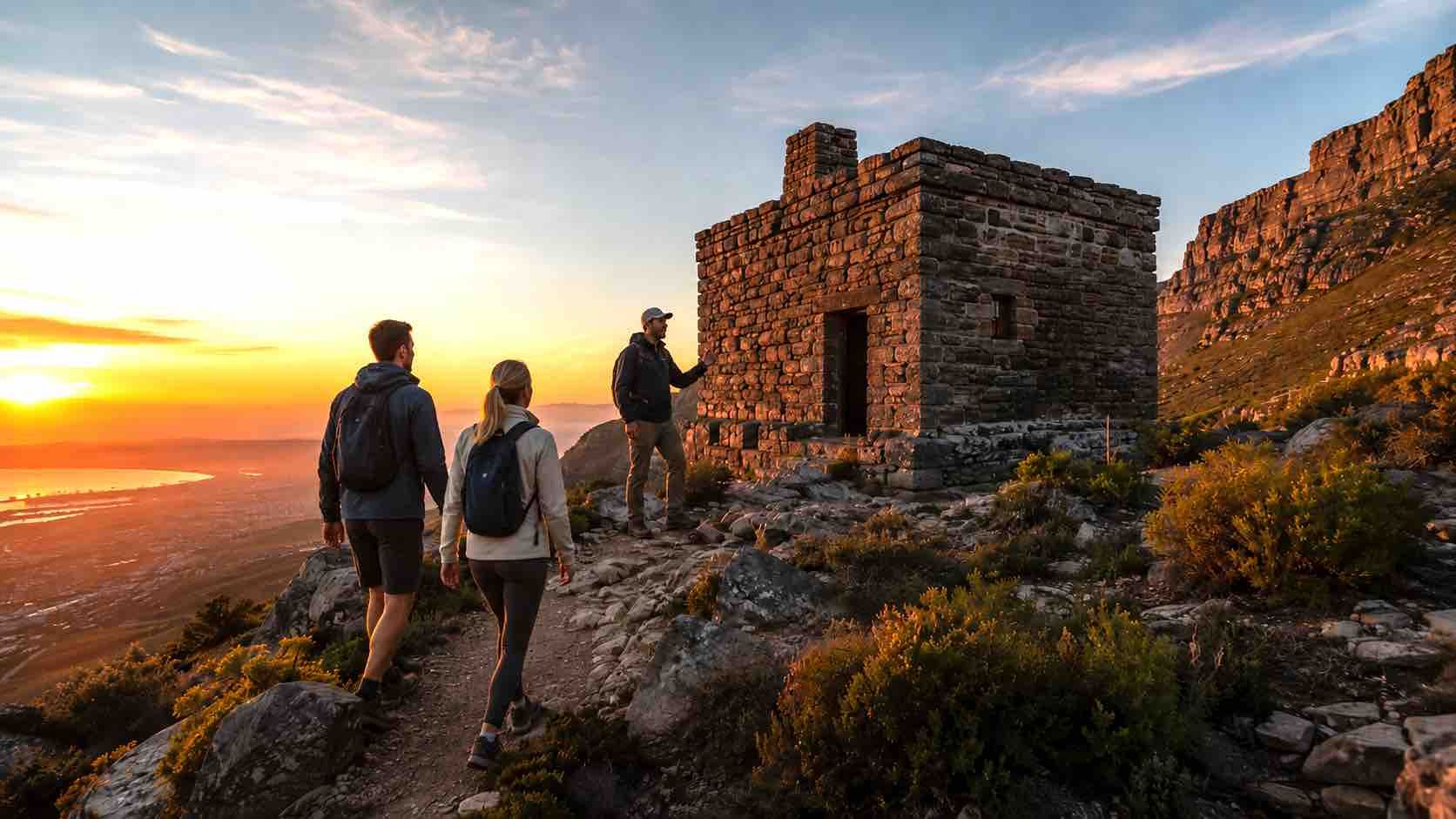 Muki Venture guide leading two guests on a sunrise hike to King’s Blockhouse above Cape Town, with the historic stone blockhouse, mountain slopes, fynbos, and golden coastal views in the background.