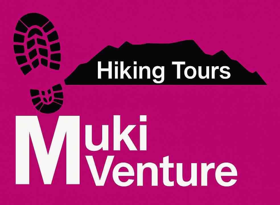 Muki Venture hiking tours logo with bootprints on a pink background