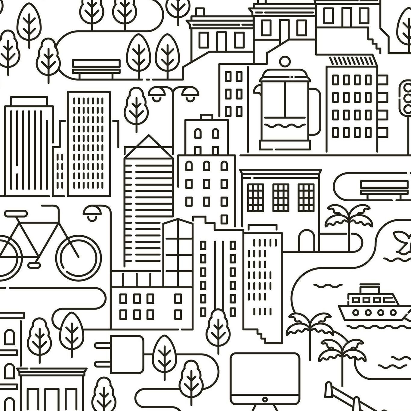 A black and white drawing of a city with buildings and trees.