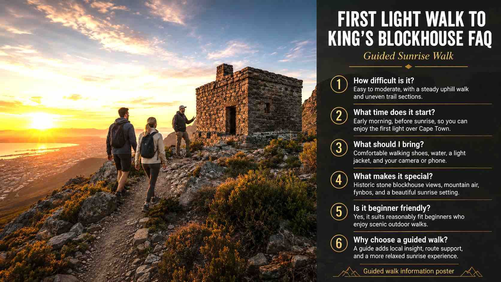 Hikers walking a rocky trail at sunset beside a stone ruin, with an informational panel about King’s Blockhouse
