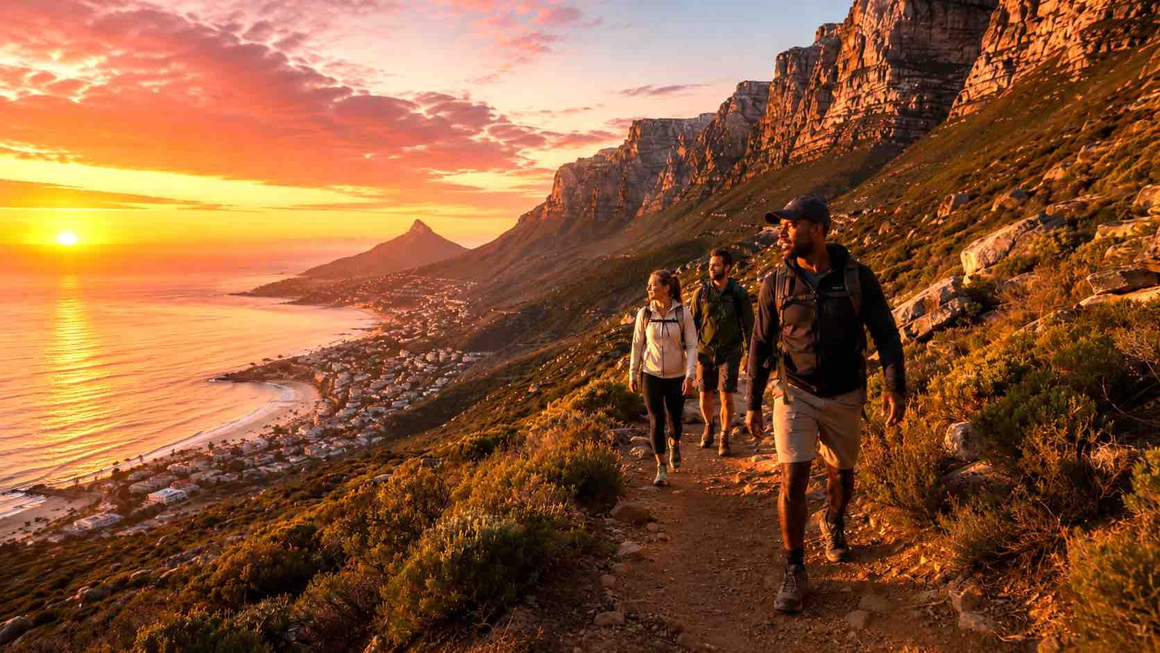 Hikers walking along a coastal cliff trail at sunset, with golden light over the ocean and mountains.