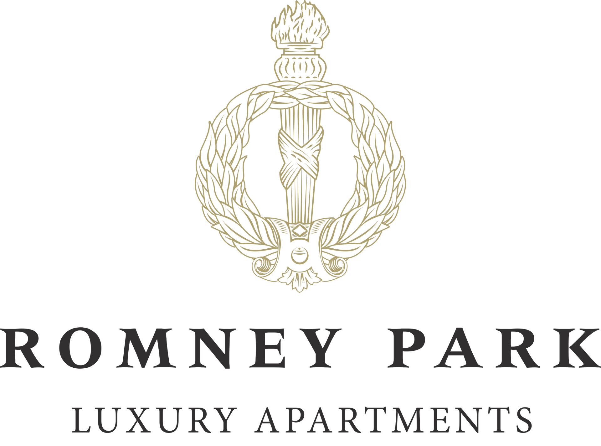 The logo for romney park luxury apartments has a torch and a wreath on it.