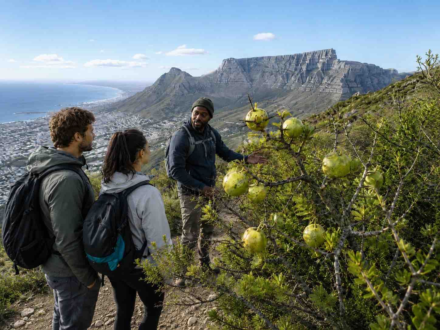 Hikers on a mountain trail overlooking a coastal city and Table Mountain, with yellow flowers in the foreground