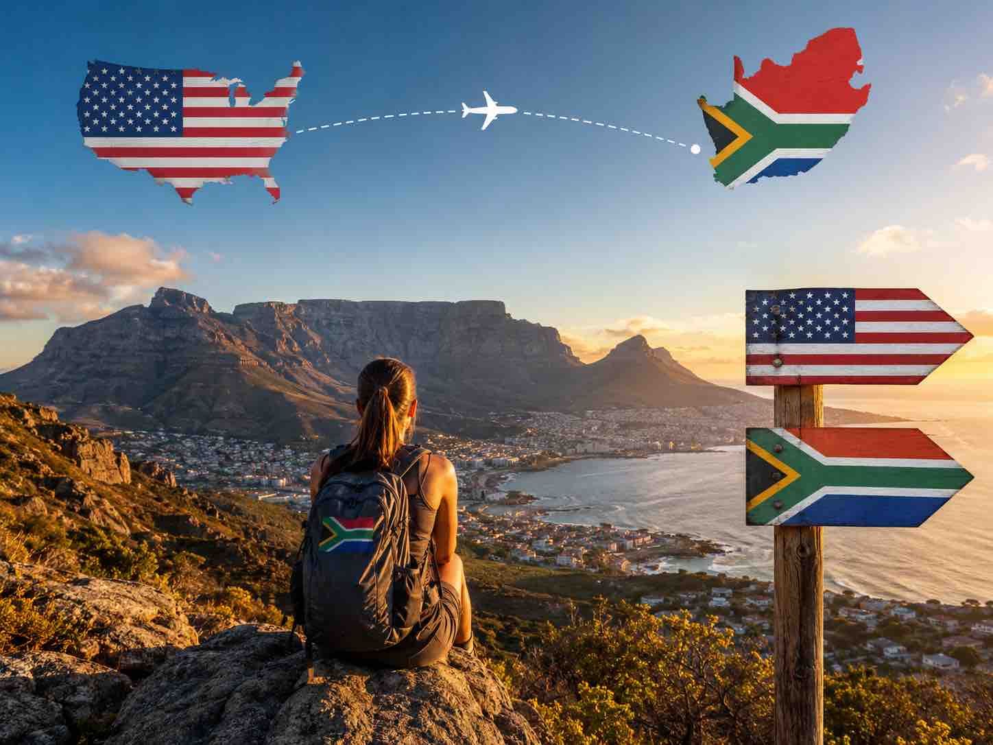Backpacker overlooking Table Mountain with USA and South Africa flag signs and a small airplane trail above the bay