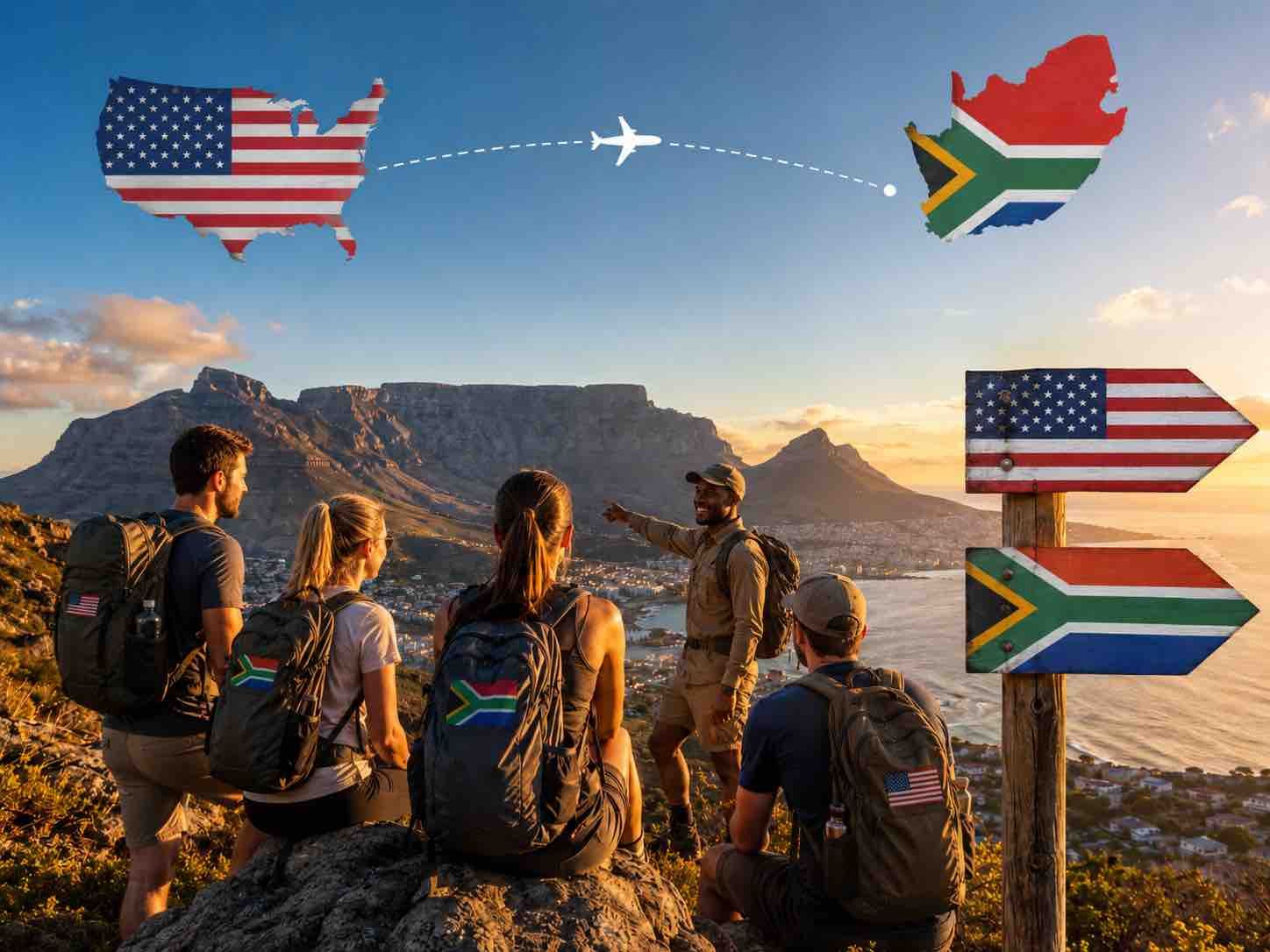 Hikers overlooking a canyon with US and South African flag graphics in the sky and on a sign.