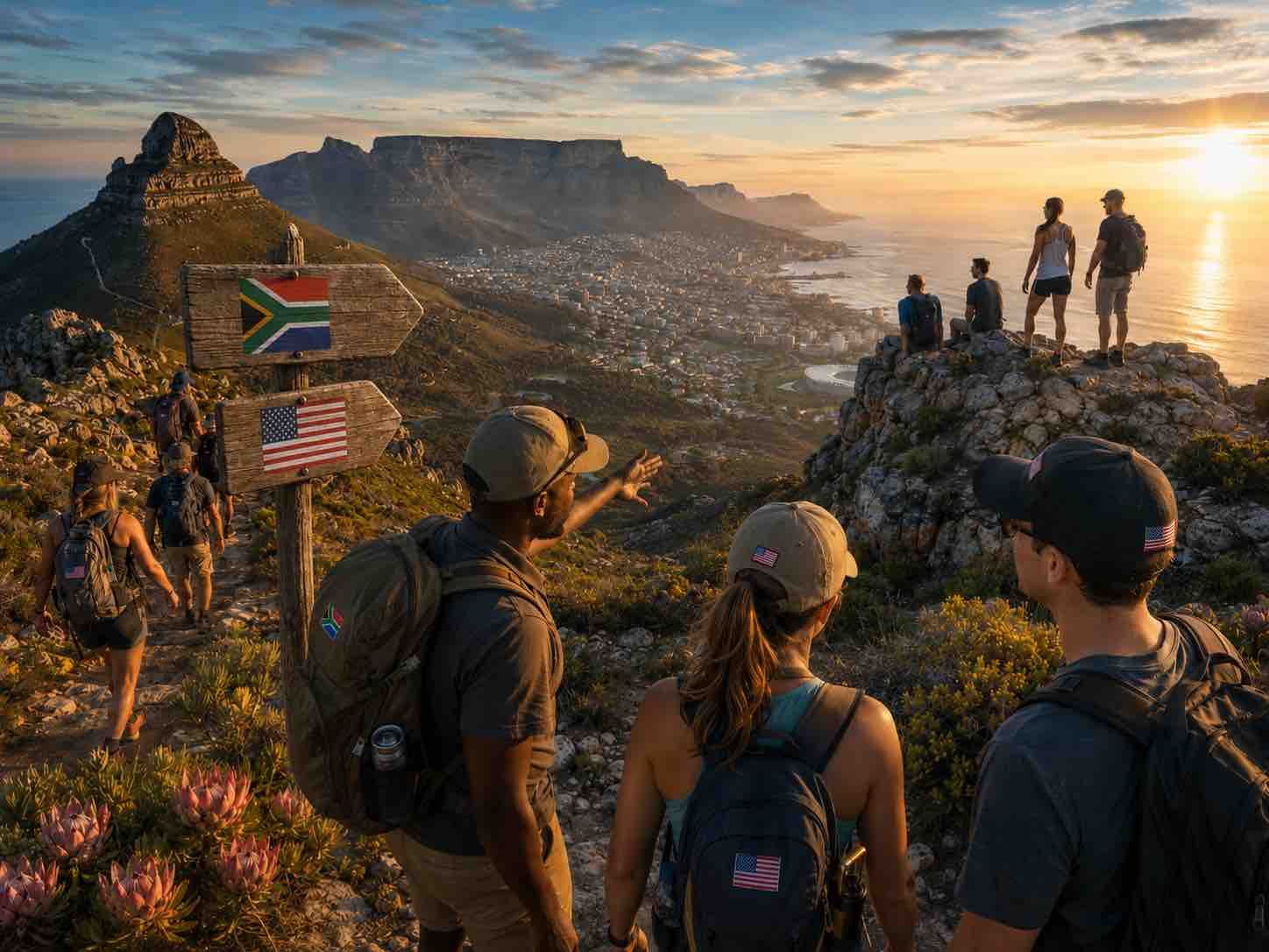 Three hikers on a mountain trail at sunset overlooking the ocean and a coastal city