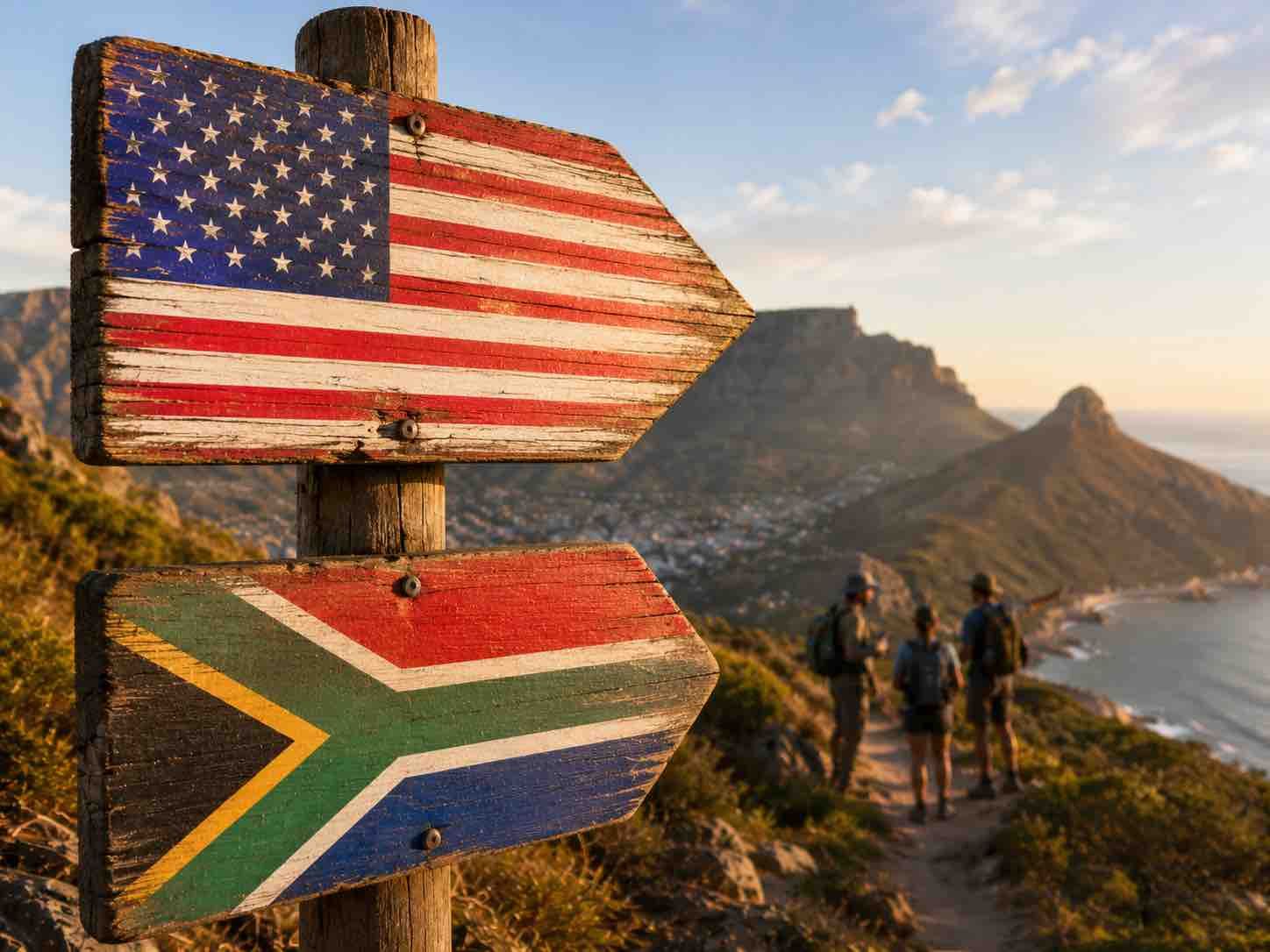 Directional signpost with U.S. and South African flags on a coastal mountain trail at sunset