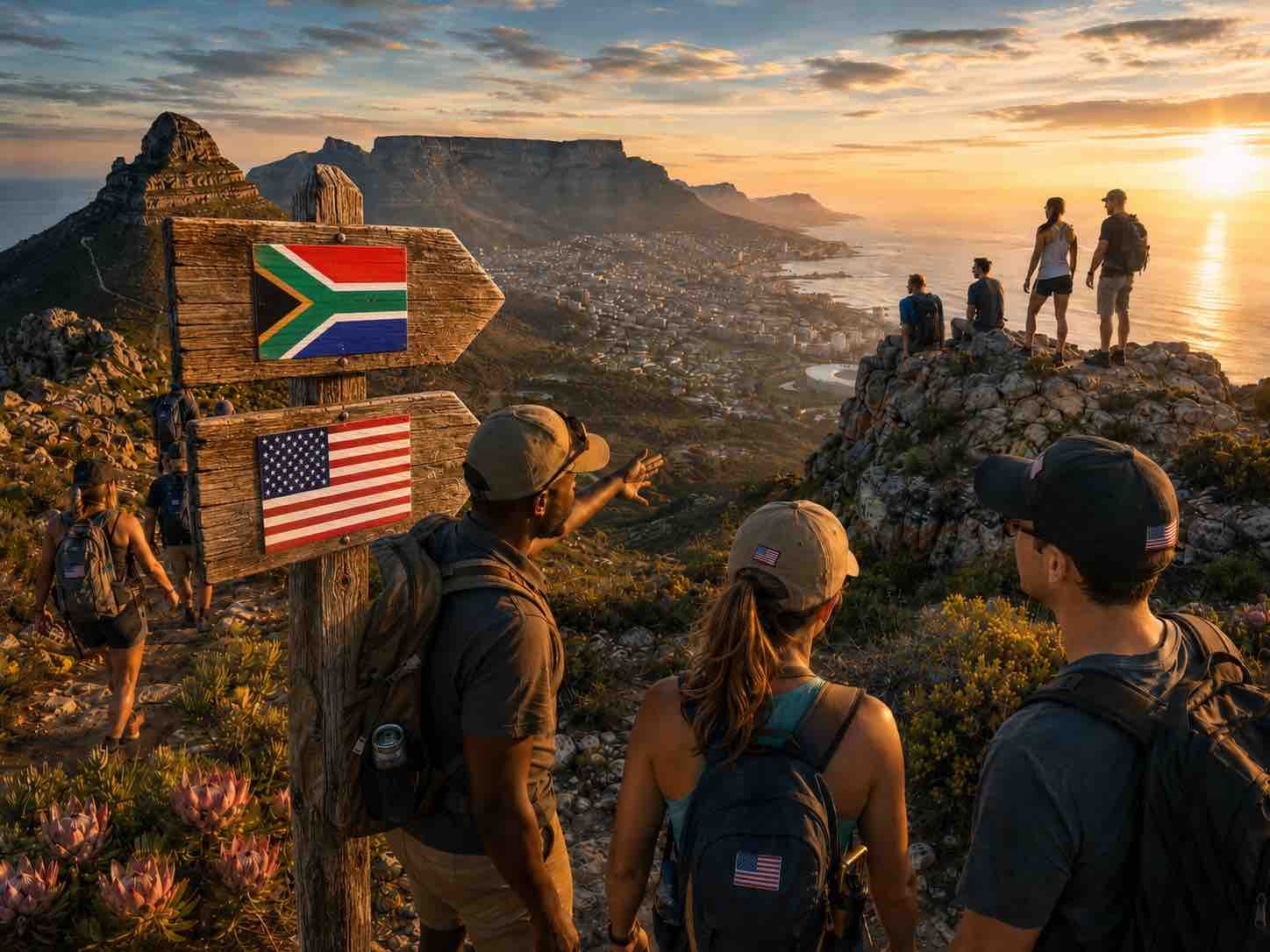 Hikers overlooking a mountain trail at sunset beside South African and U.S. signs