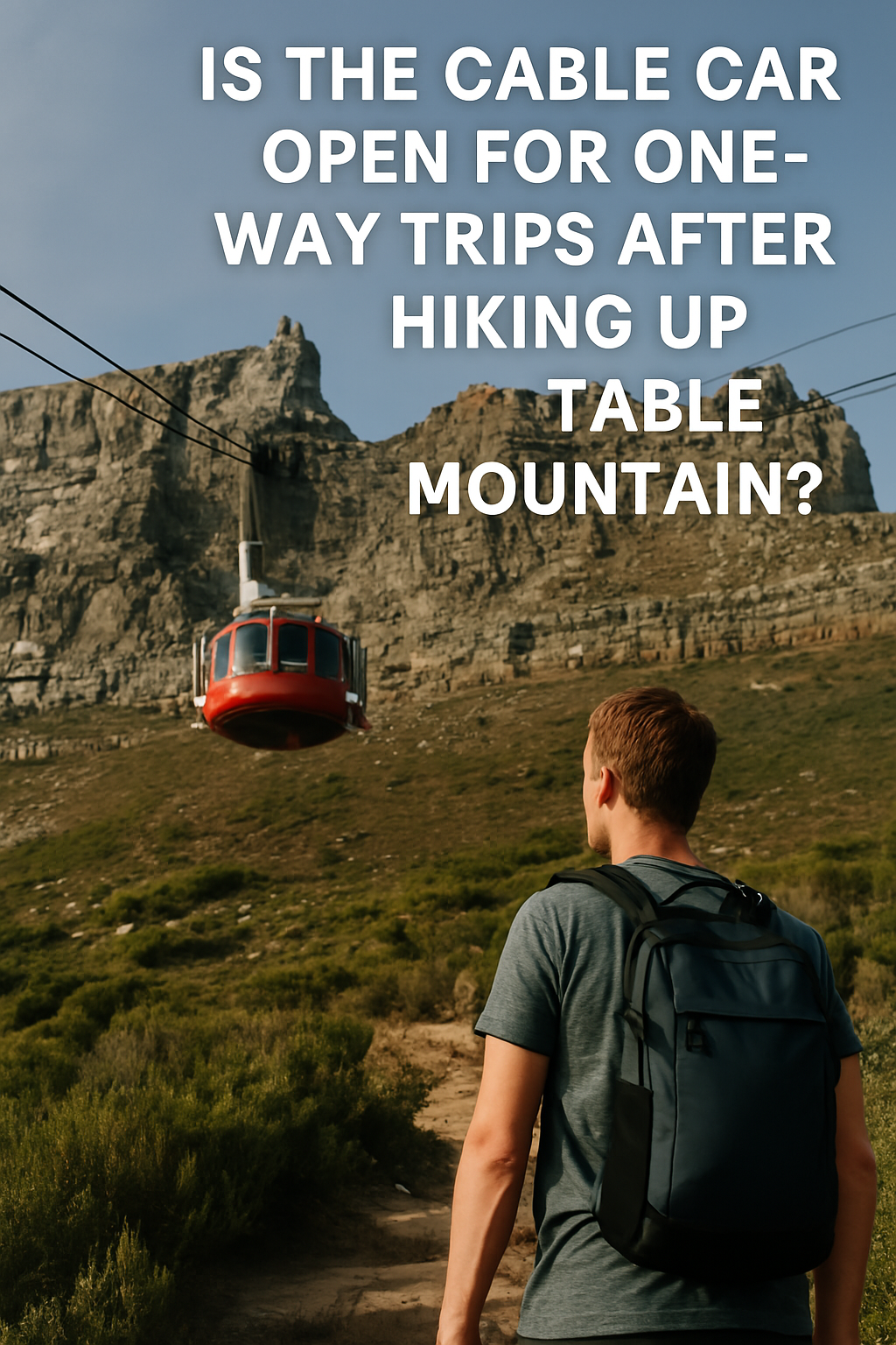 A man is taking a picture of a tree with a mountain in the background. on the pipe track trail on the slopes of Table Mountain in Cape Town, South Africa