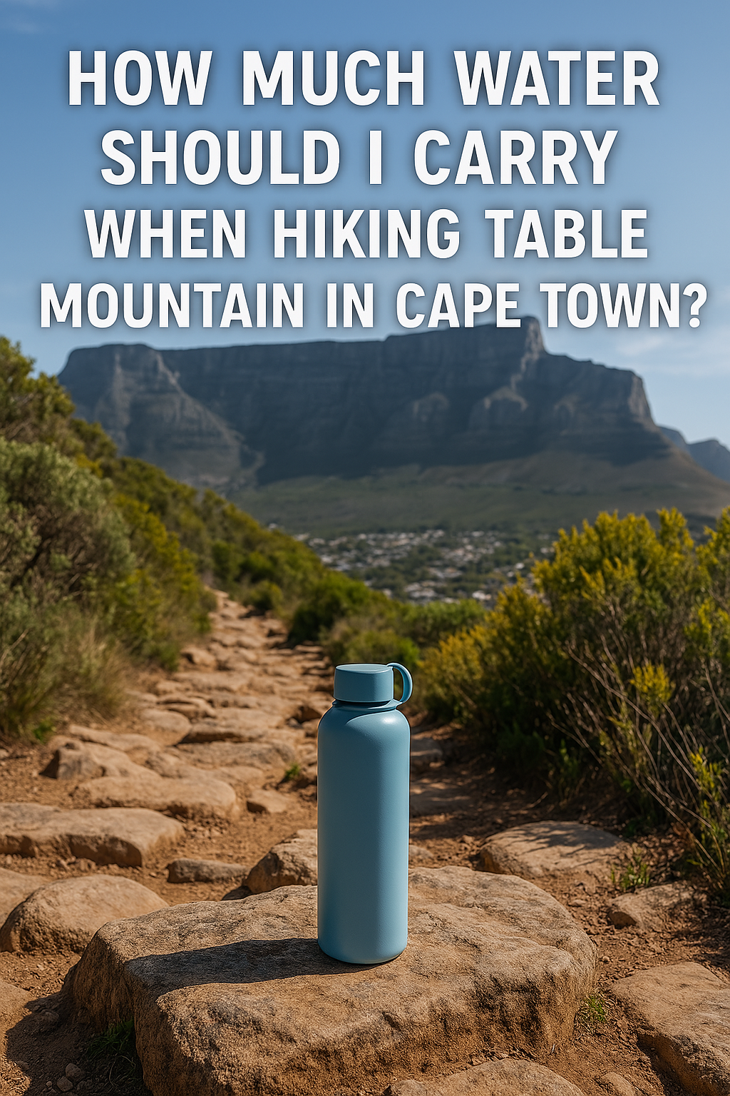 A bottle of water is sitting on a rock in front of a mountain in cape town.