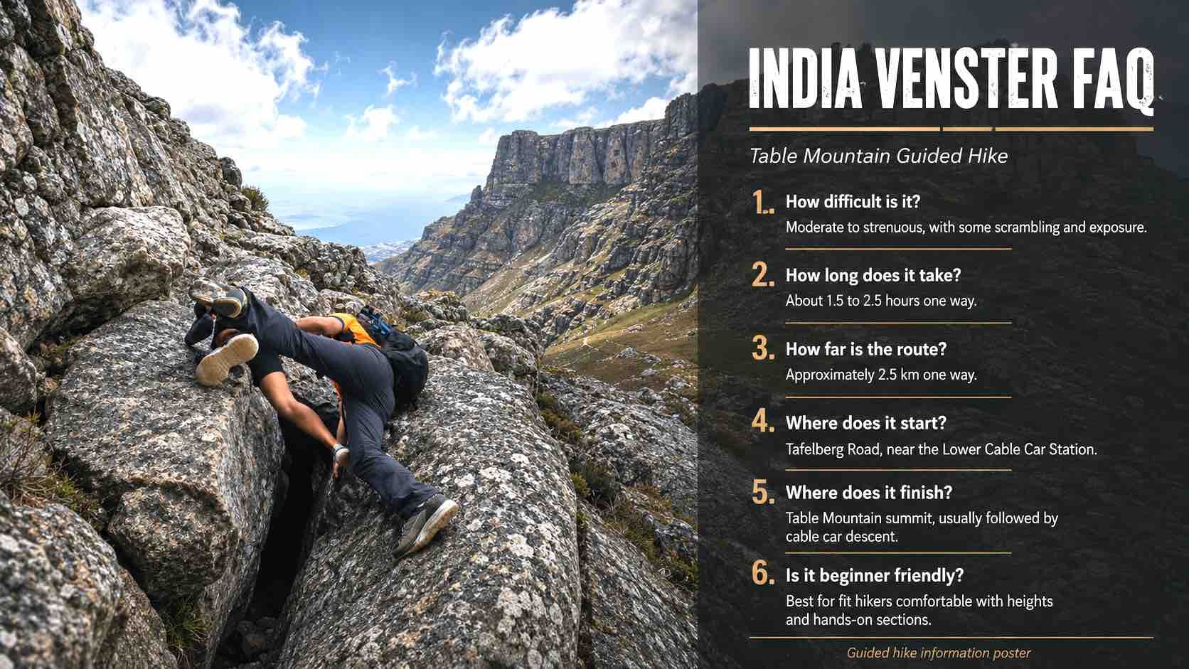 Person climbing rocks in a mountain valley beside a “India Venster FAQ” text panel