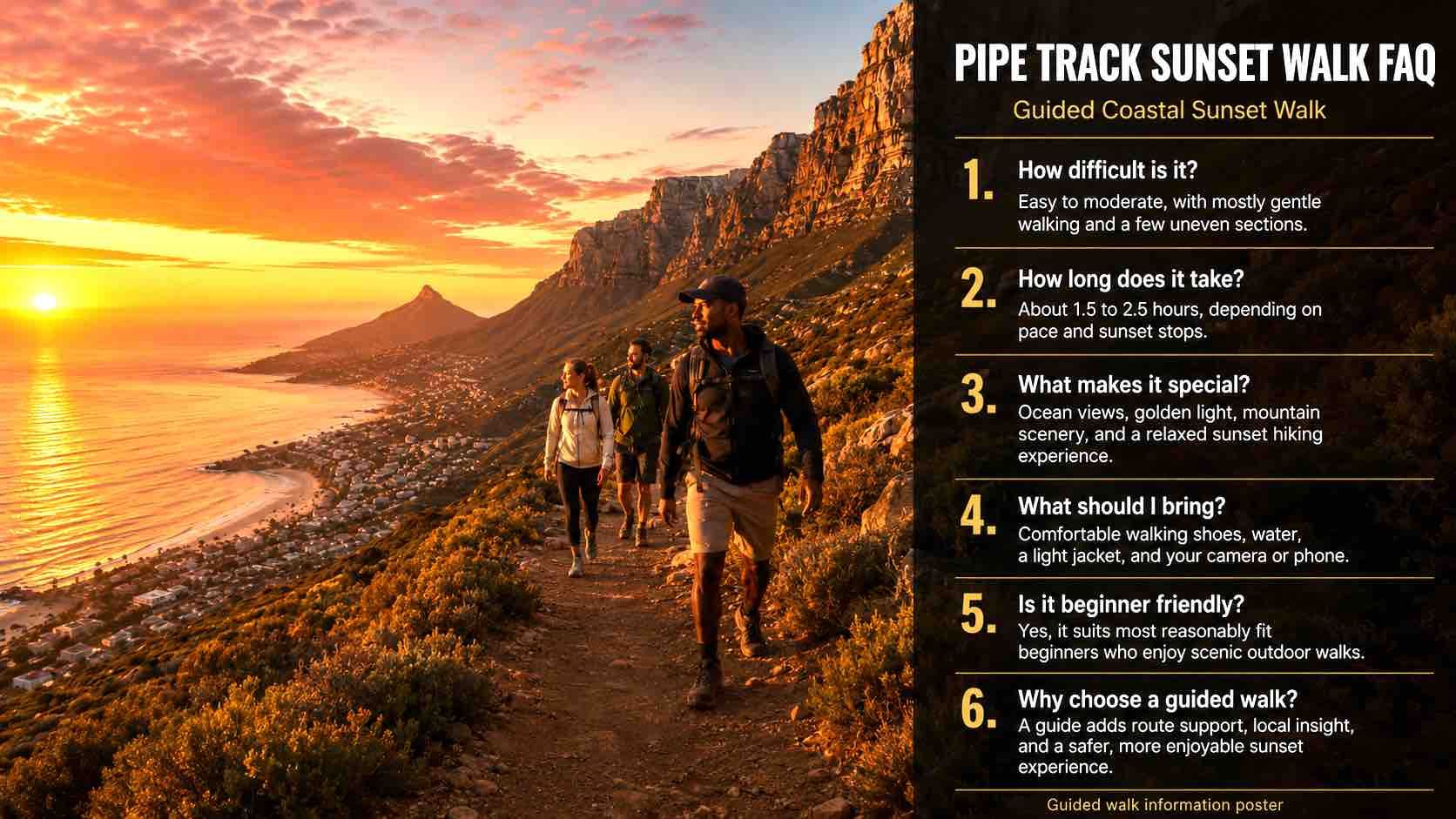 Hikers on a coastal trail at sunset beside a Pipe Track walk FAQ sign
