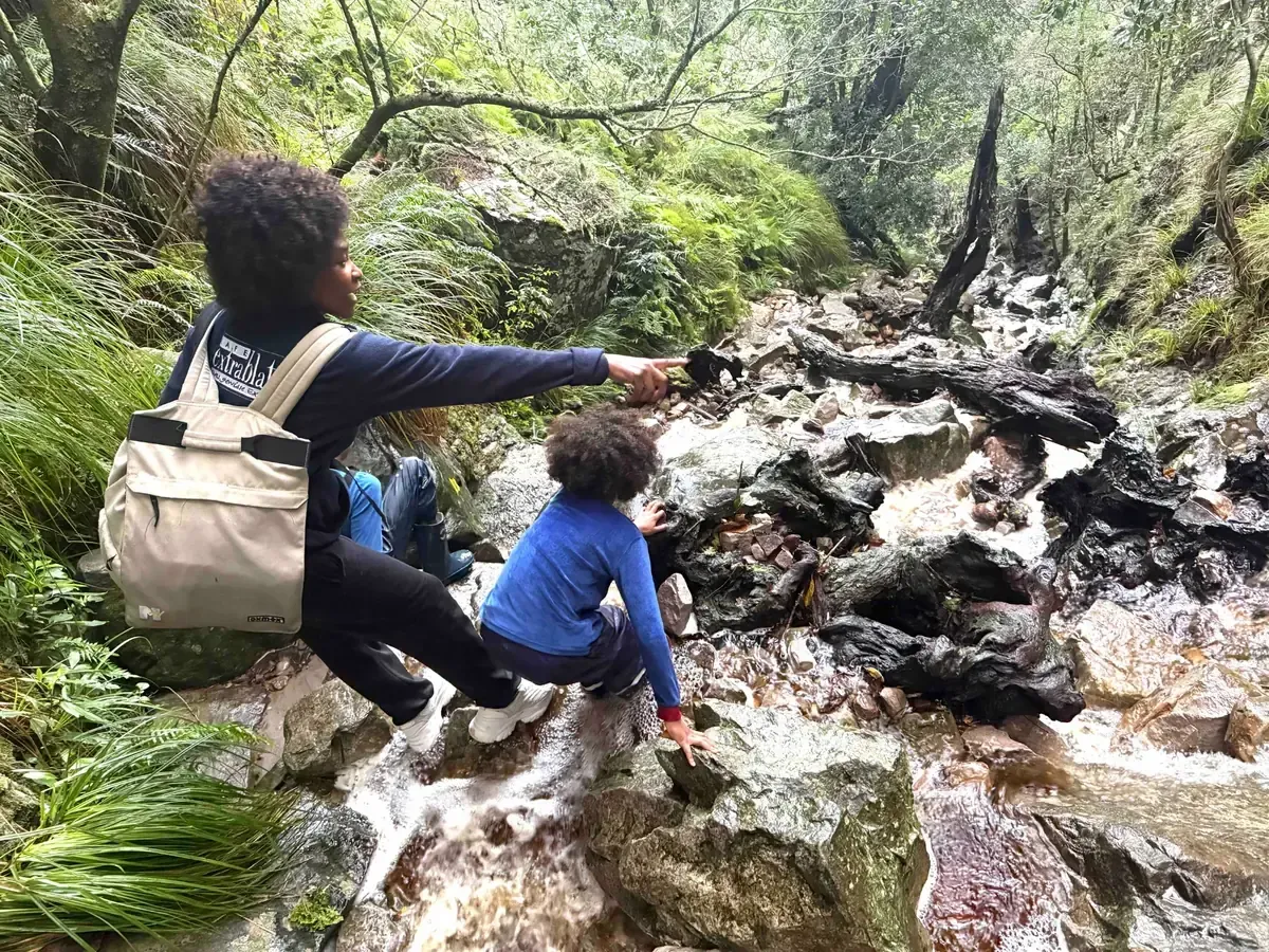 Two people crouch beside a rocky stream in a lush forest, reaching toward a dark streambed.