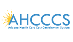 AHCCCS logo in blue with a yellow sunburst and Arizona Health Care Cost Containment System text