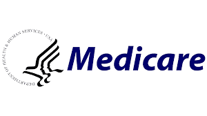 Medicare logo with blue text and black HHS emblem on a white background