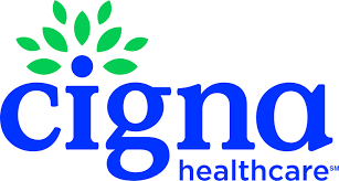 Cigna Healthcare logo with blue text and green leaf-like emblem above the wordmark