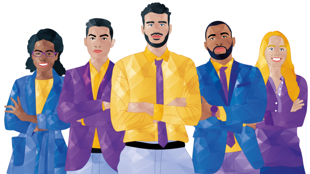 Five professionals in suits with arms crossed, smiling.