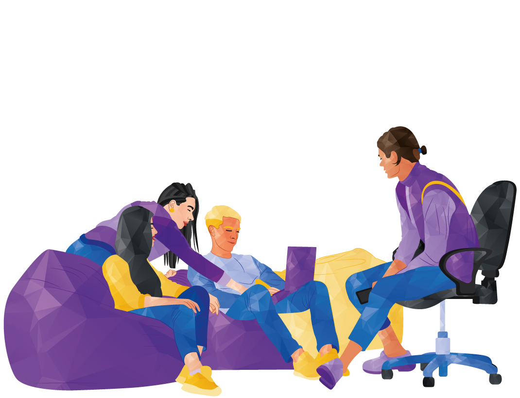 People gathered in a circle, talking and relaxing on colorful chairs and cushions.