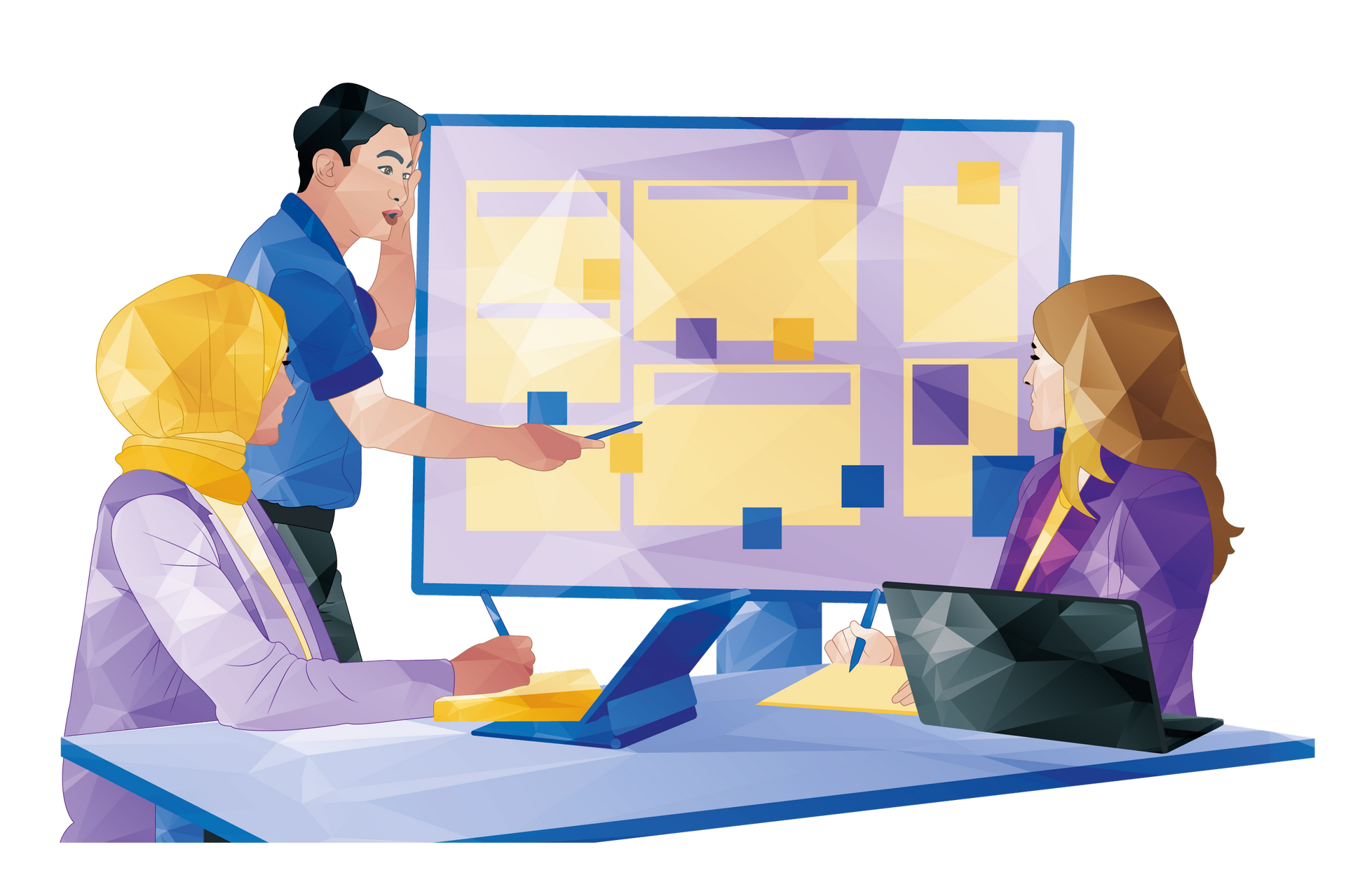 Three coworkers in a meeting, one presenting a chart on a large screen in a bright office.