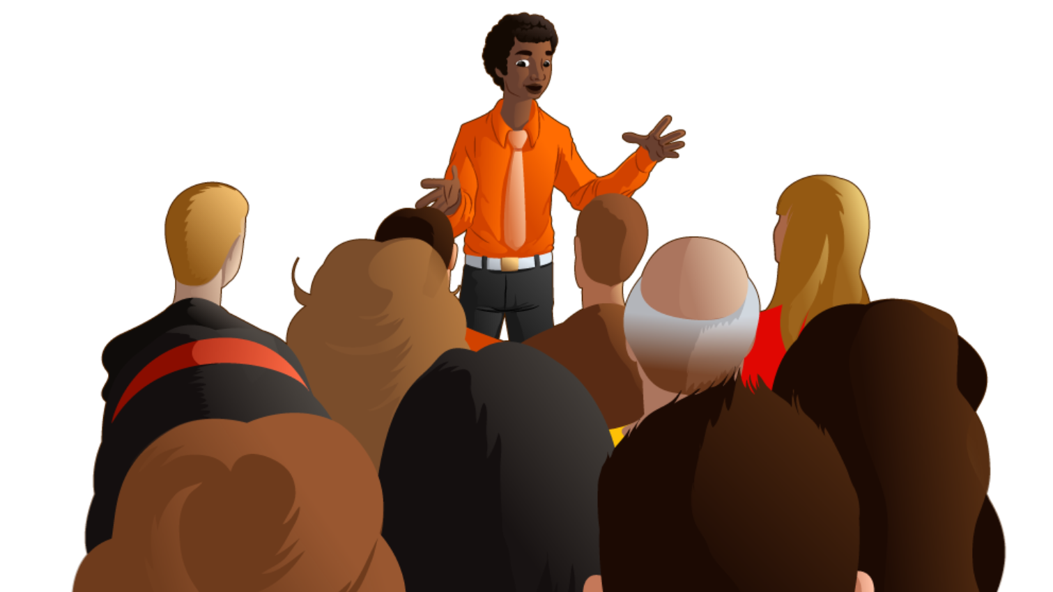 Man in orange shirt speaking to a crowd with his hands outstretched.