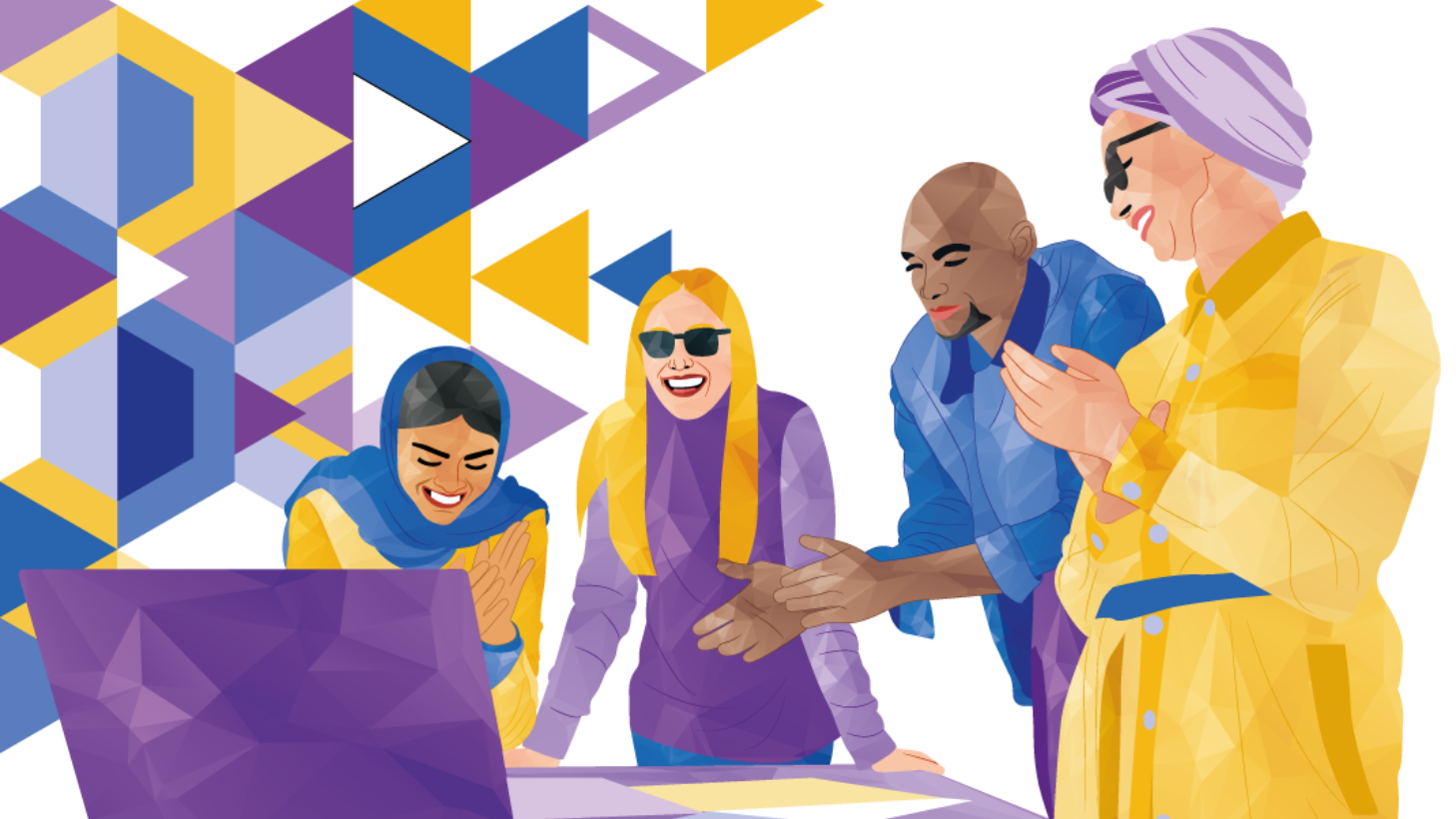 Group of diverse people gathered around a laptop, smiling. Geometric shapes in purple and gold in the background.