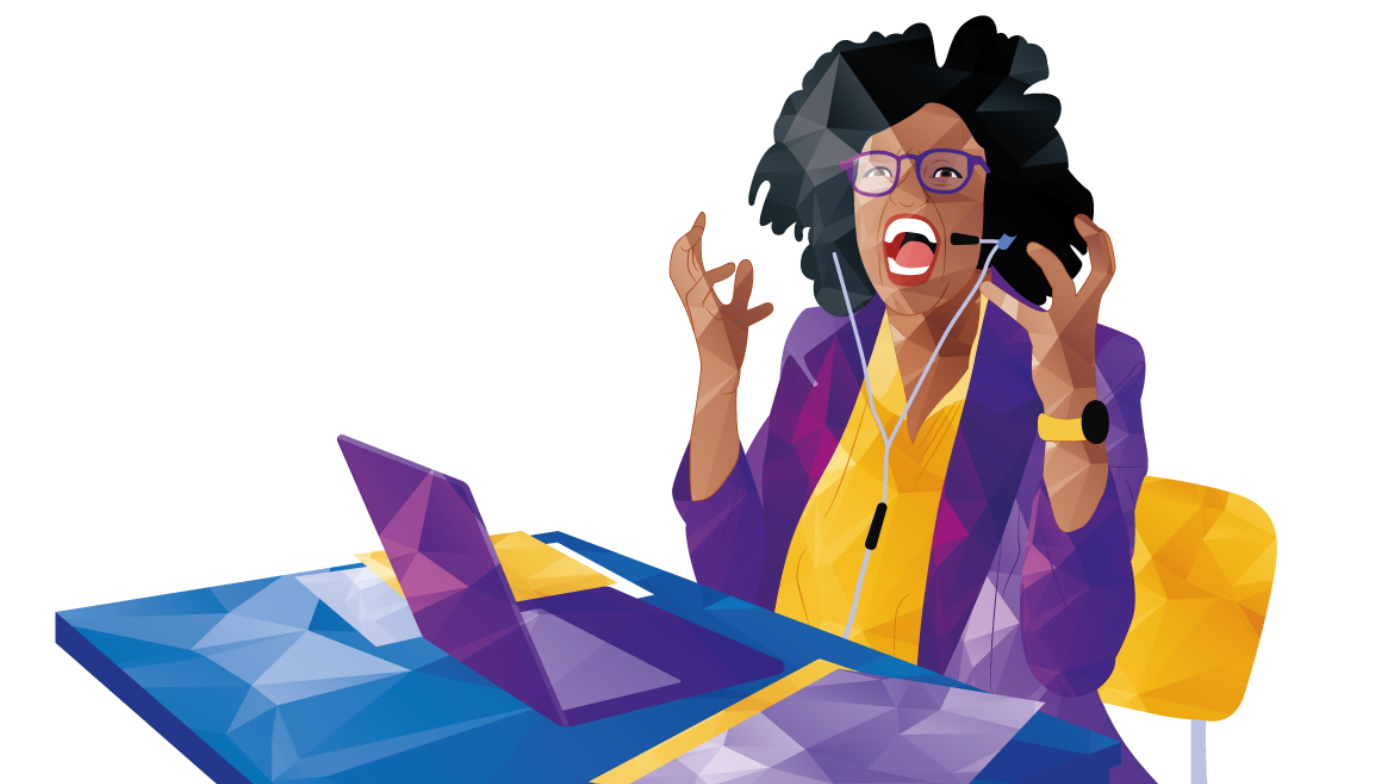 Woman at laptop, frustrated, wearing headset and glasses, arms raised. Purple jacket and laptop.