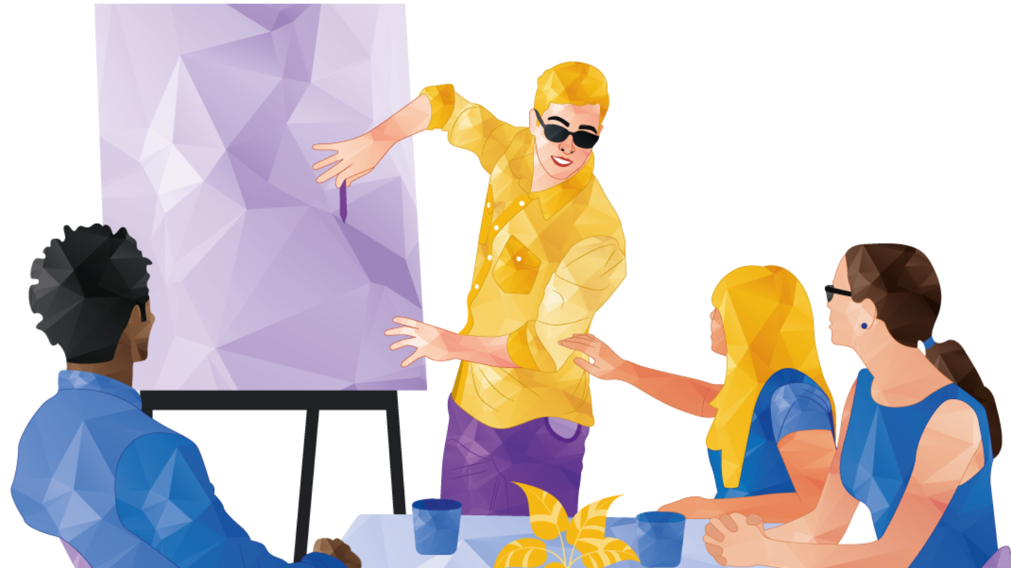 A presenter in yellow shirt and sunglasses points at a chart during a meeting. Others sit at a table.