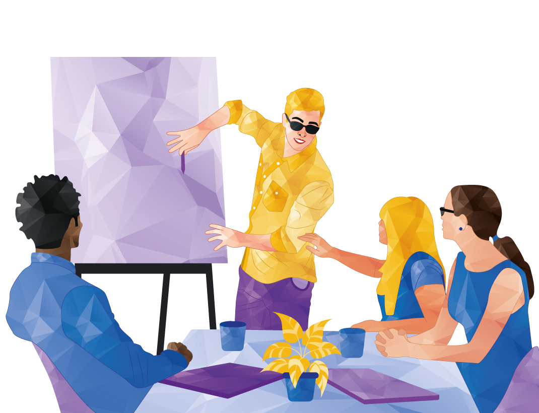 Presenter pointing at a purple chart during a meeting with seated attendees
