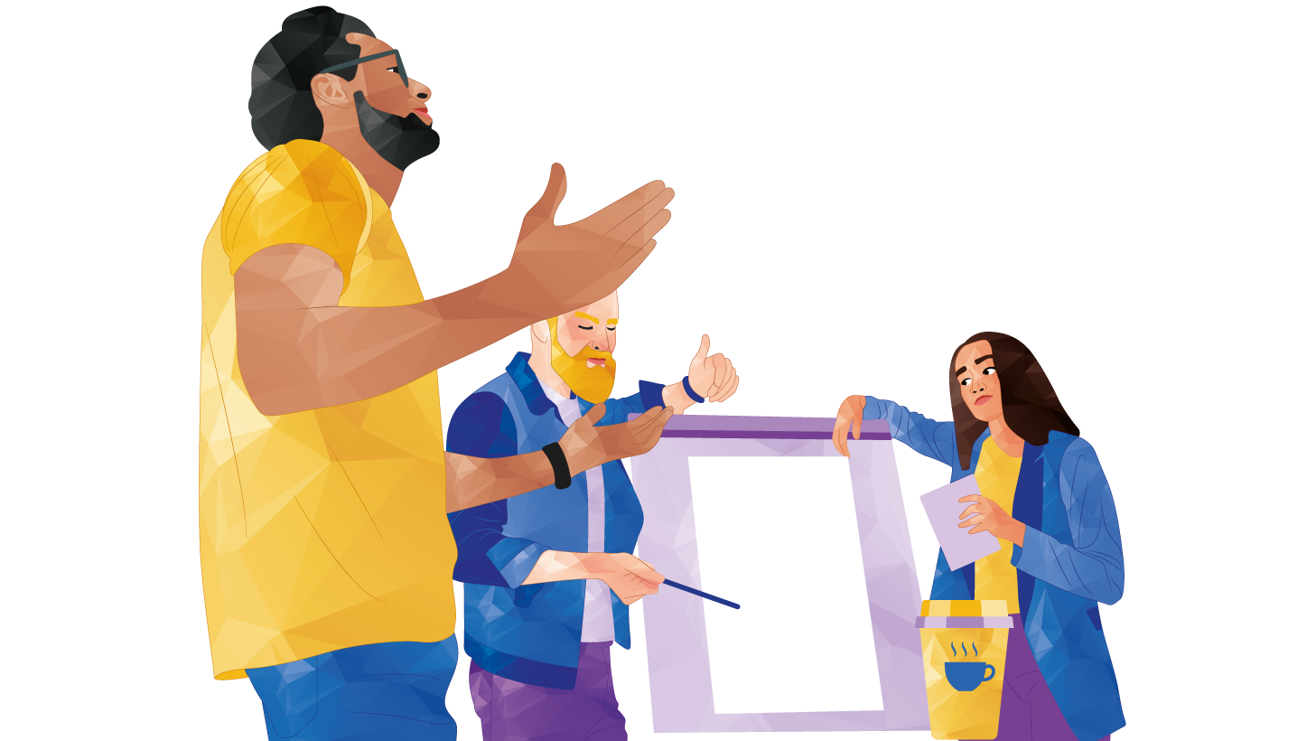 Three people collaborating; one gesturing, another pointing, and one leaning on a board.