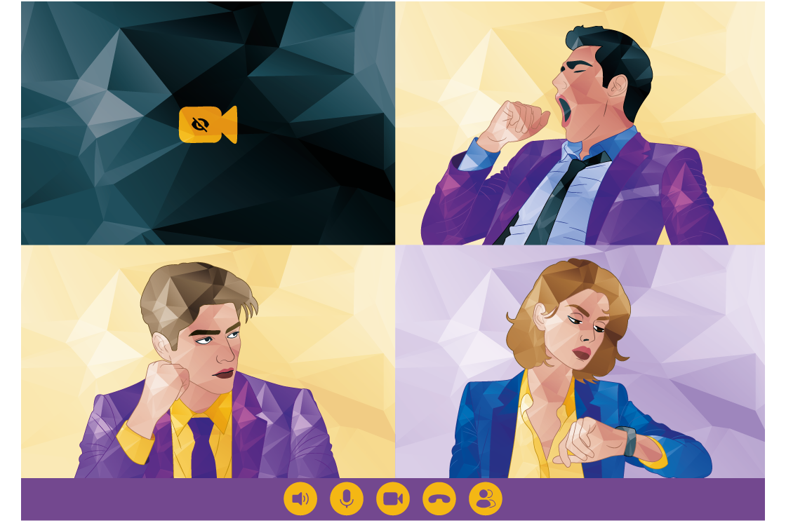 Video call grid with four illustrated participants and yellow control icons along the bottom