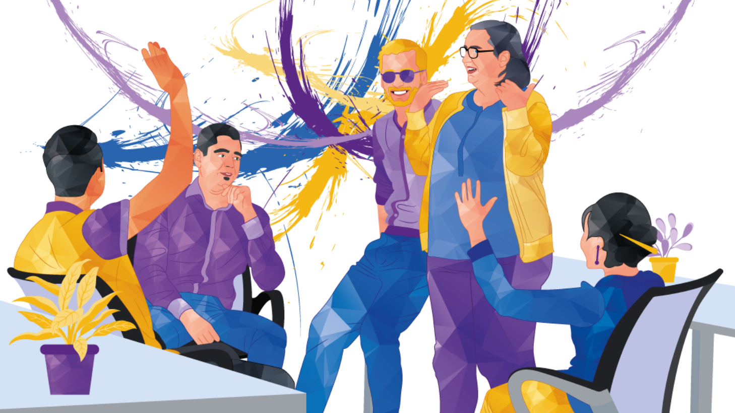 Office team celebrating with arms raised; purple and yellow splash art background.