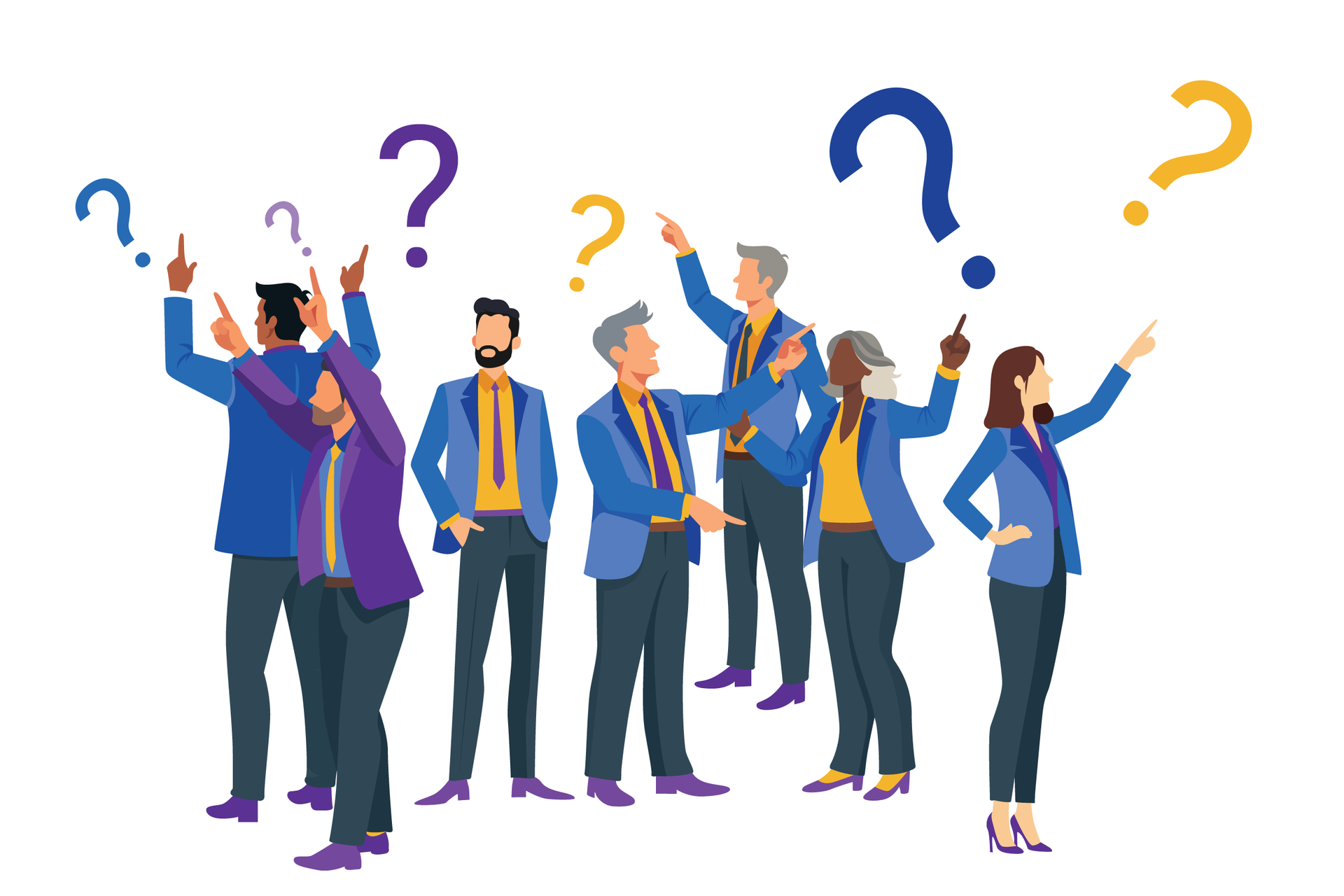 Group of people in business attire holding colorful question marks, expressing confusion and discussion.