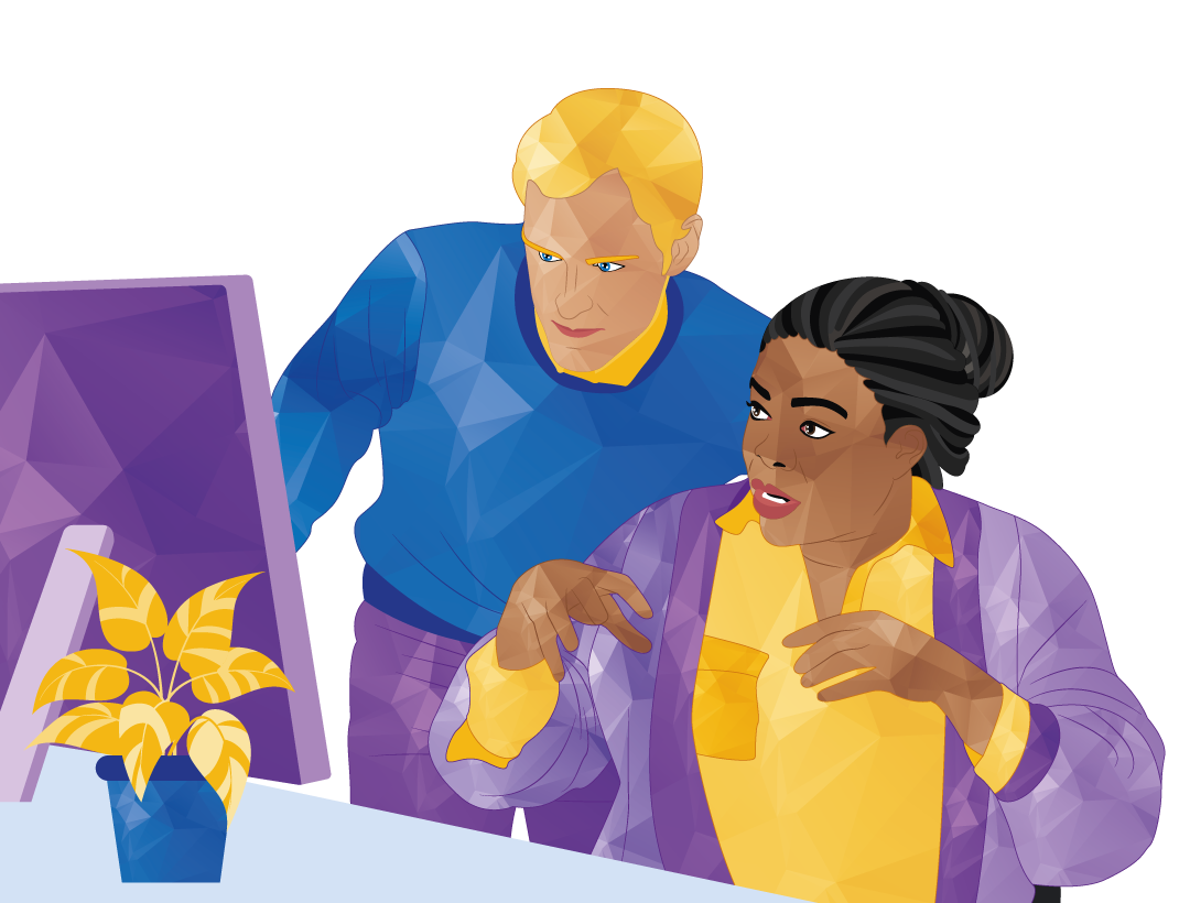 Two people in purple and blue stand by a laptop, smiling at a yellow flower arrangement.