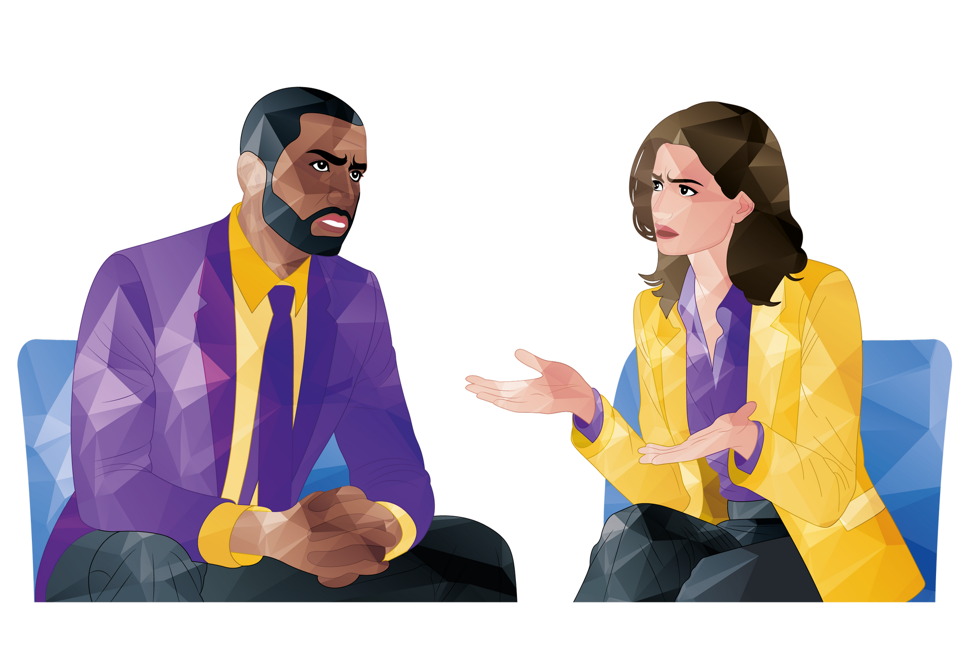 Two coworkers in a meeting, one speaking and gesturing while the other listens on a blue couch.