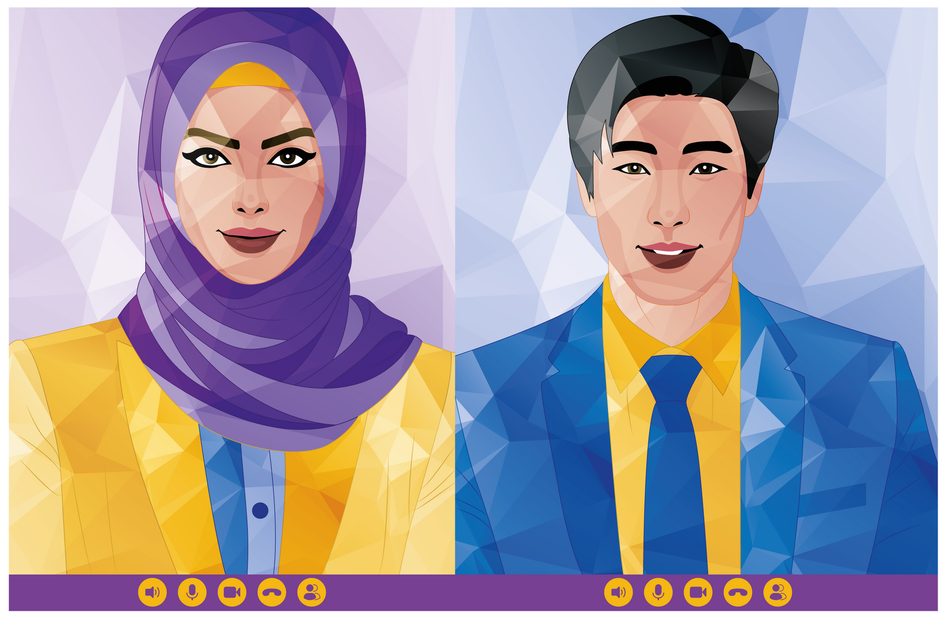 Two stylized portrait illustrations, one in a yellow jacket and purple headscarf, one in a blue suit and yellow tie.