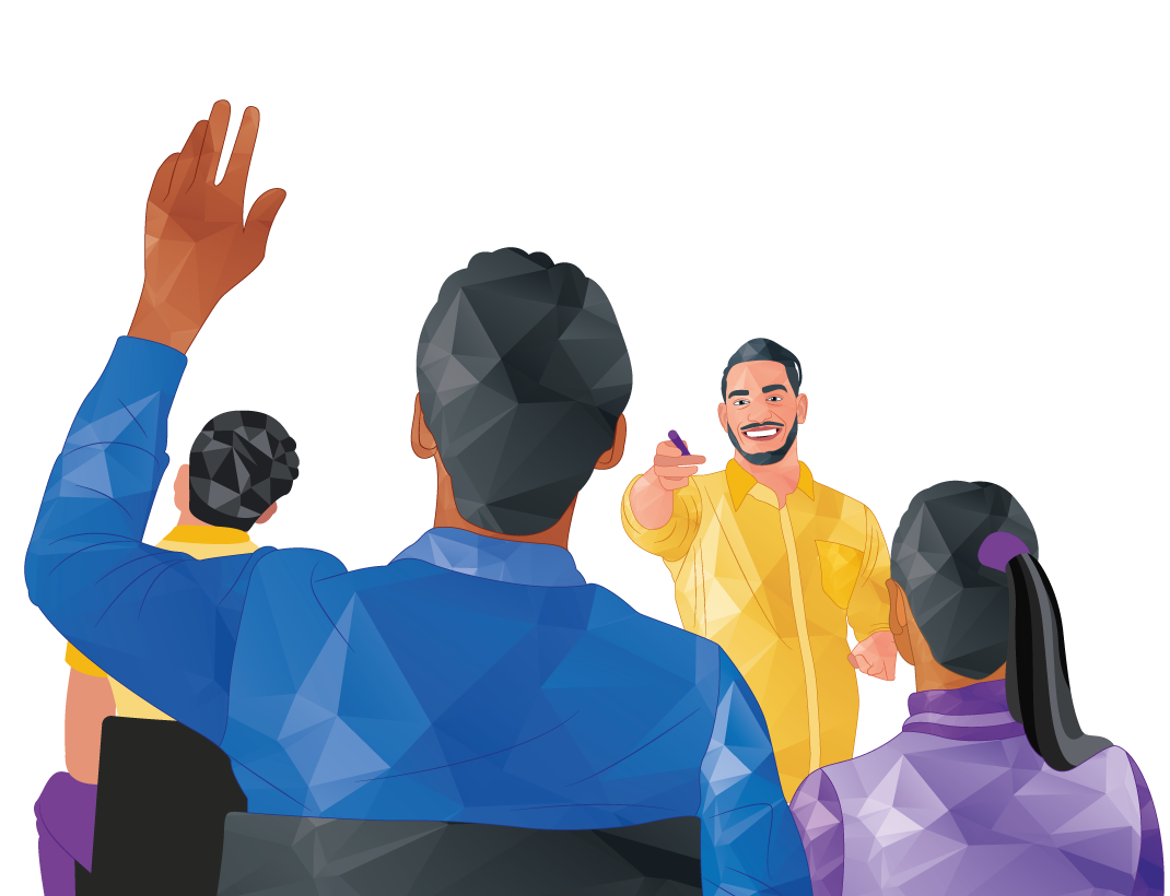Audience raising hands toward a smiling speaker in a yellow shirt at the front of a meeting room.