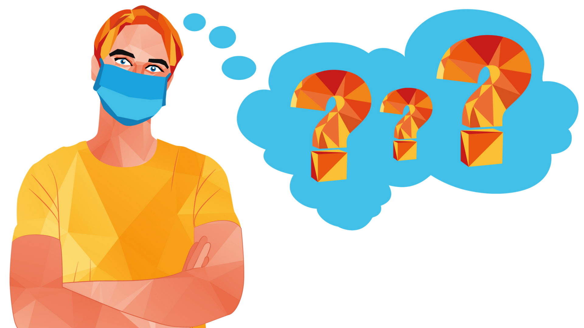 Person wearing a blue face mask and yellow shirt, thinking, with question marks in thought bubble.