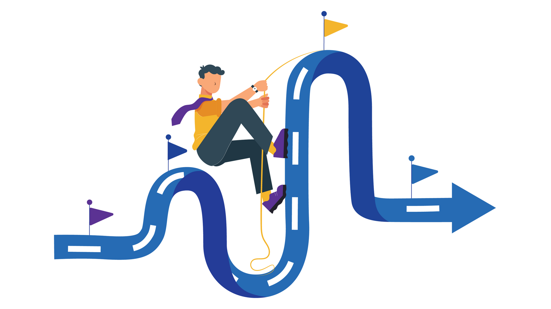 Man climbing a winding road toward a goal marked with a yellow flag, representing overcoming obstacles.