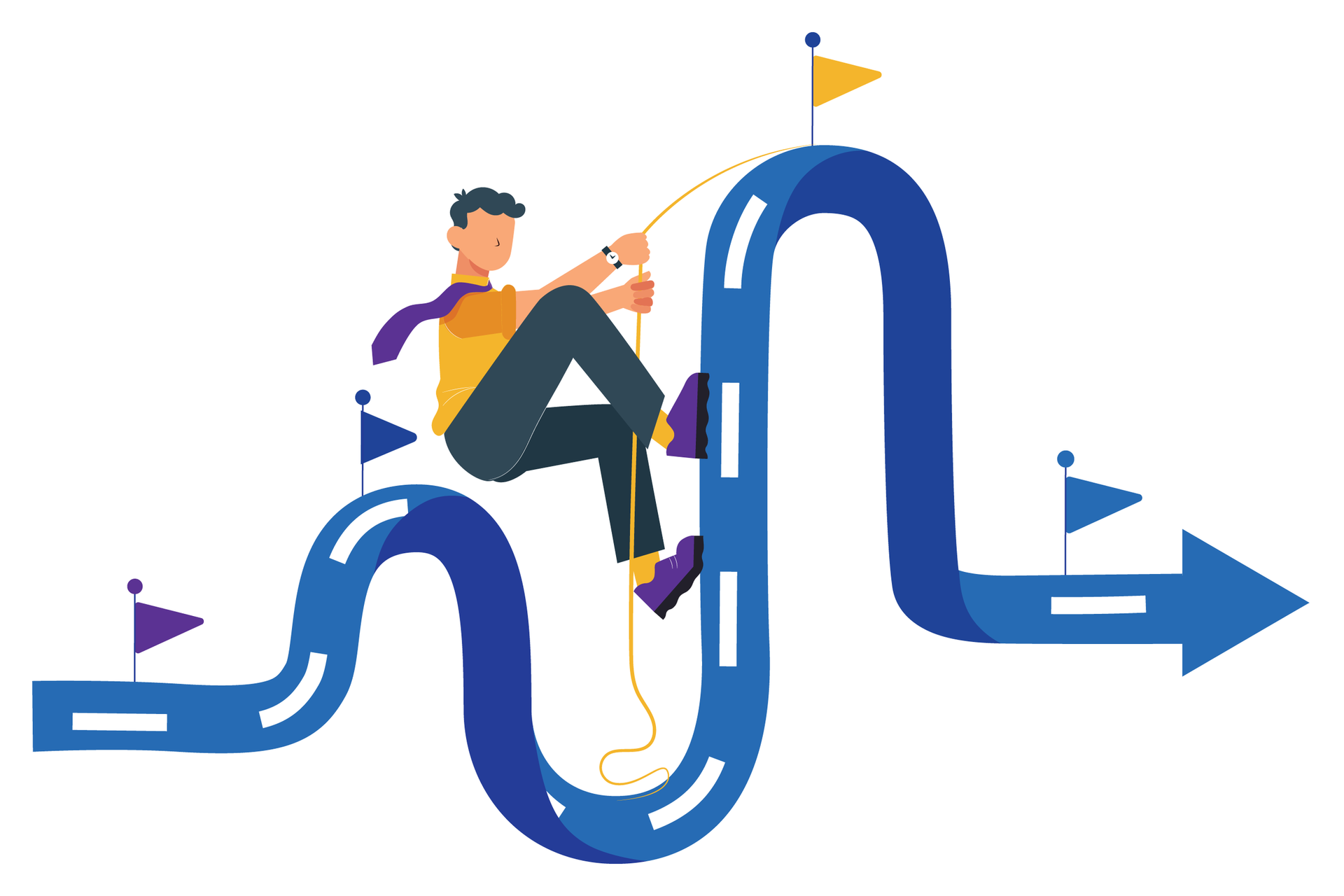 Man climbing a winding blue path, pulling rope towards a flag, representing progress.
