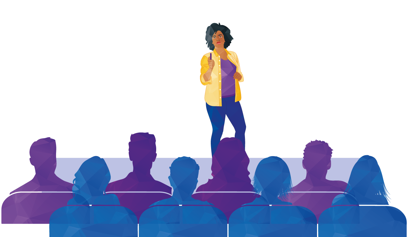 Woman giving presentation to an audience. Purple and blue silhouettes of audience members.
