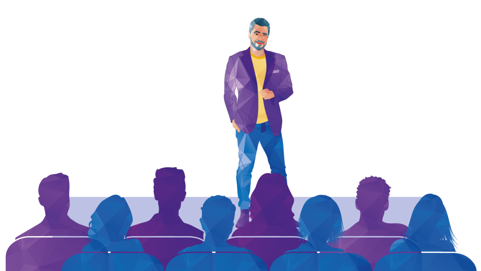 Man in purple jacket speaks to audience.
