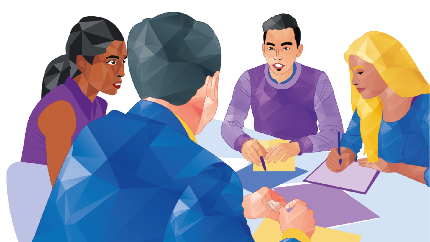 People in a meeting, around a table, writing and talking.