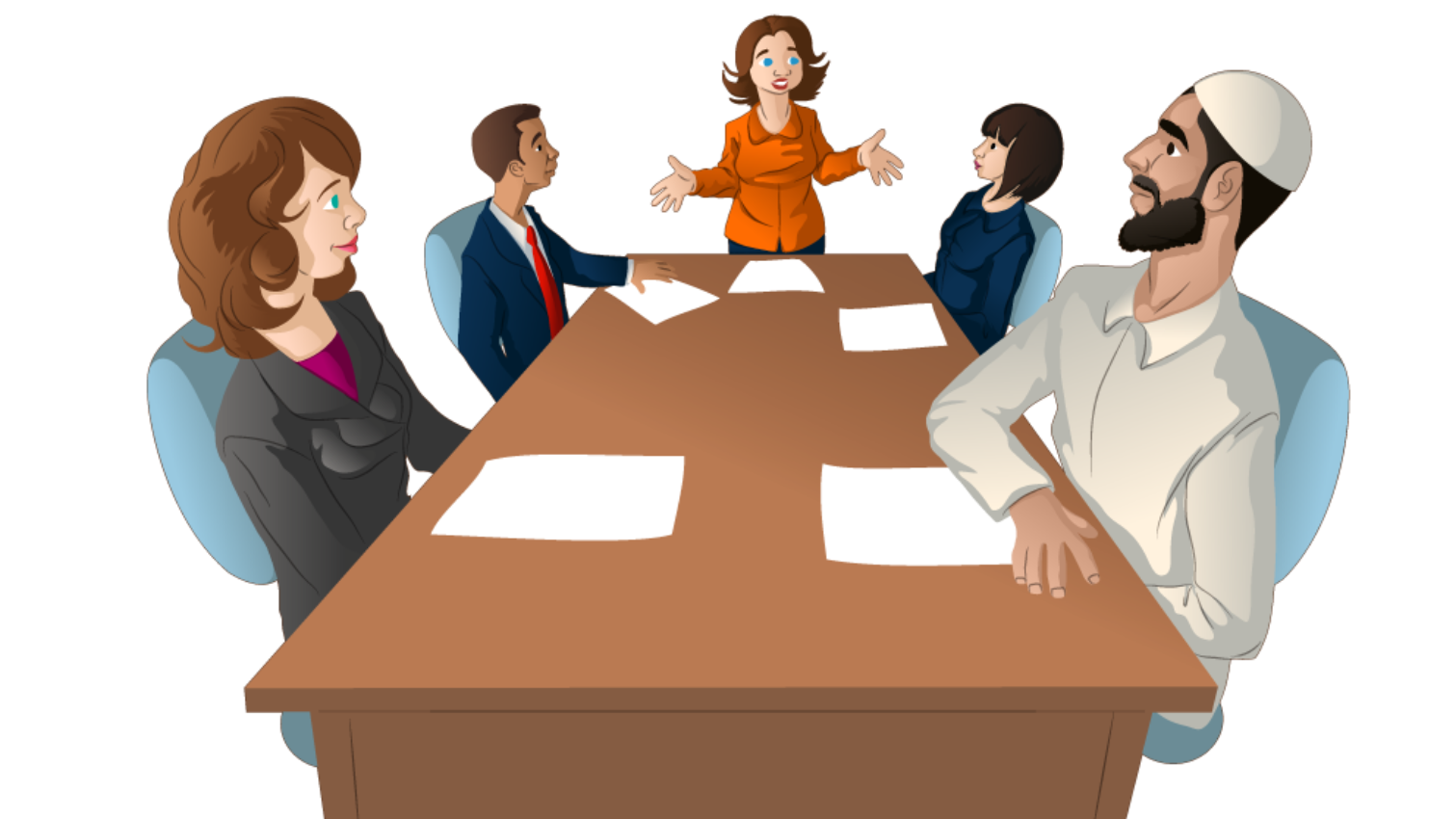 People around a conference table; woman in orange shirt speaking with hands open.