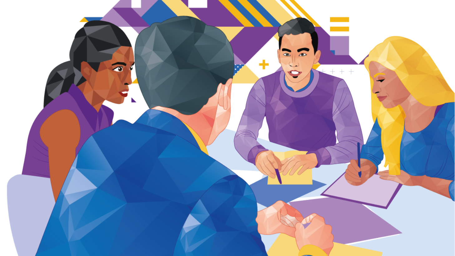 People in a meeting at a table, discussing and taking notes.