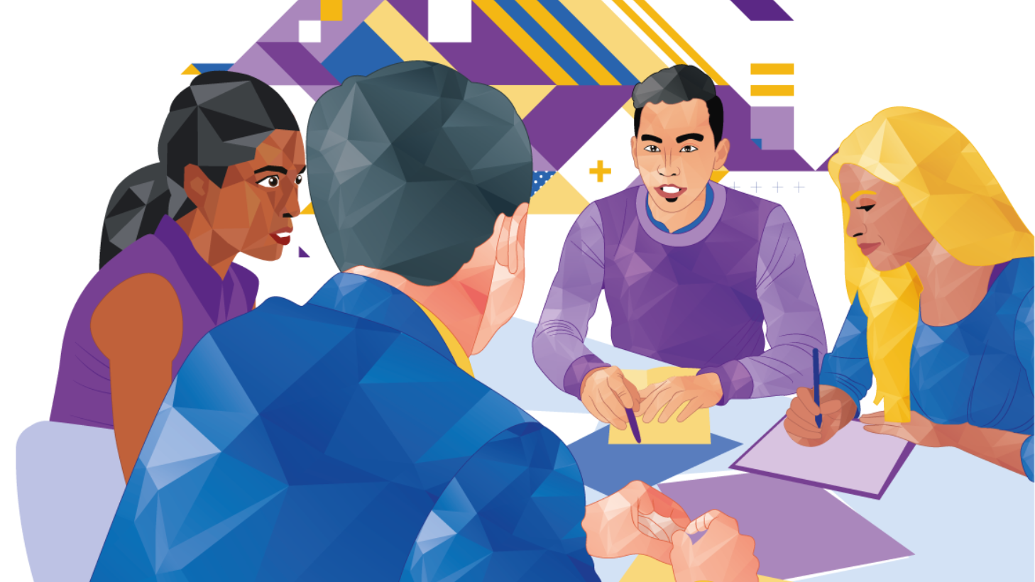 Group of people in meeting, seated at a table; some writing, listening, and speaking; purple and blue color scheme.