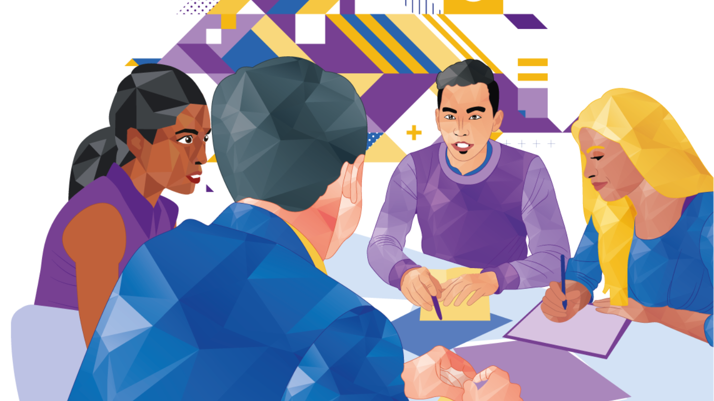Team of four people in a meeting, around a table, with papers and pens. Abstract geometric background.