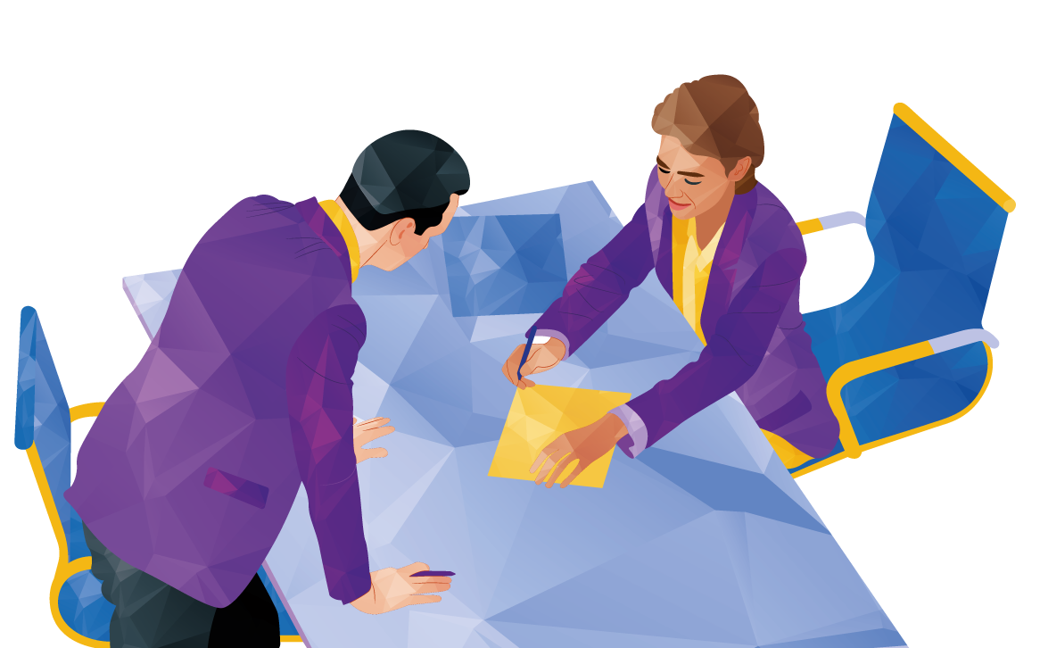 Two people in purple clothing examining a map at a table with a blue chair nearby