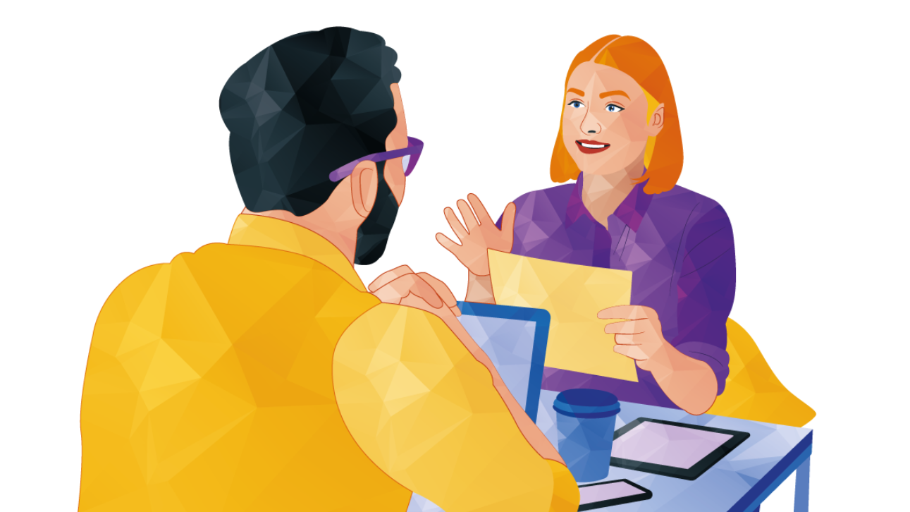 Woman showing a document to a man at a table, both smiling, with coffee, laptop, and tablet.